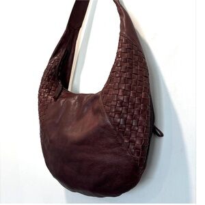 Derek Alexander Dark Brown Leather Hobo Bag Woven Strap Multi Pocket Zip